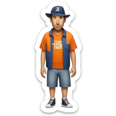 adam sandler full body wearing shorts, orange shirt, hat with word tigers. sticker