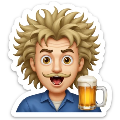 silly man with wild hair holding a beer, cross eyed, mouth wide open, wild eyebrows, super crazy face sticker