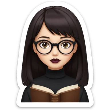 generate a pretty bratz girl with black small square spectacles, dark lipstick, black turtleneck , books in hand, dark brown straight long hair with bangs, eyeliner on,  sticker