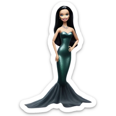 Mermaid Gown Barbie. Teen Morticia Addams at home. Smiling. Filmy organza nightgown . Very Pale-white porcelain skin.  sticker