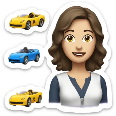 A white brunette woman who playing with the toys cars, and write the word “Ok” at the top sticker