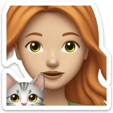 Pretty redhead woman with light brown eyes and long lashes holding a very cute light gray tabby with a slightly orange hue and green eyes  sticker