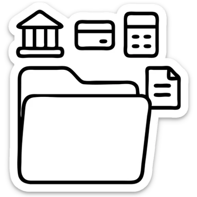 Closed folder icon with small symbols floating around: bank building, credit card, calculator, and document – organized financial archive sticker