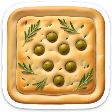 Focaccia Cinematic Realistic Focaccia Bread Dish Emoji, depicted as a golden, olive-oil brushed flatbread sprinkled with herbs, rendered with lifelike textures and warm, inviting lighting. sticker