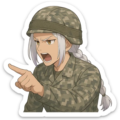 Style of Anime, 1 female, gold yellow eyes, white hair lavender tips, locks in front, mohawk, long white braid, she is a drill sergeant at work, focused facial expression, shouting command, eyes looking down in front of her, pointing a blade hand gesture to the forward direction, uniform of gray large scale digital camo. her head is covered with a PAGS style wrapped ballistic helmet sticker