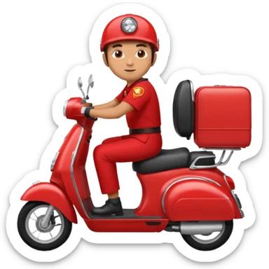A man in red uniform on a red scooter with space in the back for cargo sticker