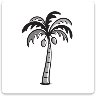 a palm tree with a curved trunk, large fronds, and coconuts, in pastel colors dd9fb0, ffc6d3, a3bfc9, c4bee2, f1b091, detailed hand-drawn doodle style sticker