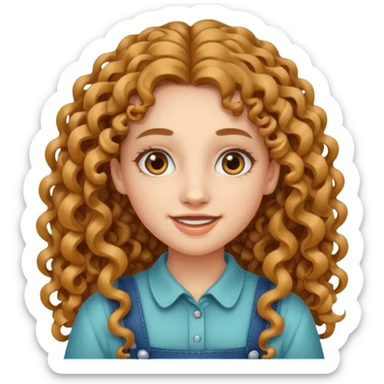 create a frontend girl that has an oval face and very very long curly hair and has braces  and white sticker