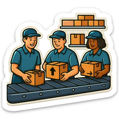 Картинка конвейерной ленты, по ней едут коробки, люди сортируют коробки в разные стороны sticker