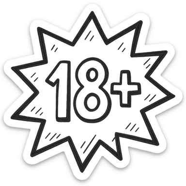 simple hand-drawn 18+ badge shaped like a jagged comic panel, with bold contours, stylized shadows and highlights, '18+' text in the middle, ficwriter-inspired, expressive and fun sticker