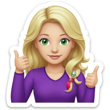lady with long wavy blonde hair, purple top, green eyes, thumbs up sticker