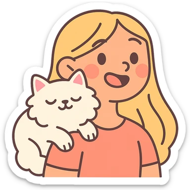 a girl with long blonde hair, a white fluffy cat resting on her left shoulder and neck, pastel toon style emoji for Discord and Slack sticker