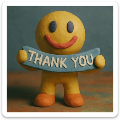 claymation emoji character holding a thank you banner sticker
