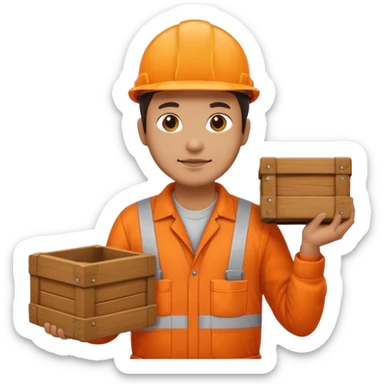 railway engineer, orange overalls carrying a box sticker