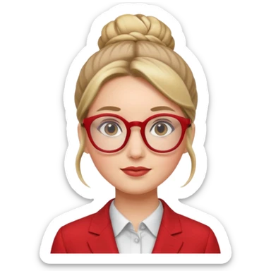 woman with bun hair with red suit and glasses sticker