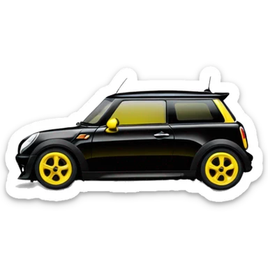 mini cooper black, yellow mirror,  sticker