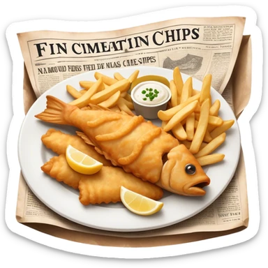 Cinematic Realistic Fish and Chips Dish Emoji, depicted with crispy golden battered fish and chunky hand‚Äêcut chips served in traditional newspaper wrapping, rendered with mouth‚Äêwatering texture and warm natural lighting that captures its quintessential British charm. sticker