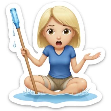 blond woman on her knees, shocked, holding a wide skin-tone stick with a D-shaped knob, the stick emerging from trousers hanging in front of her face, water squirting from the knob into her mouth sticker