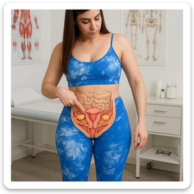A slender woman in 4K in a medical office, pointing to the pelvic and abdominal area, with a transparent anatomical illustration showing the uterus, bladder, intestine, and pelvic floor muscles, inspired by the reference photo. sticker