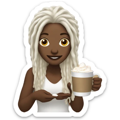 White woman with white dreadlocks holding hot chocolate in front of a fireplace sticker