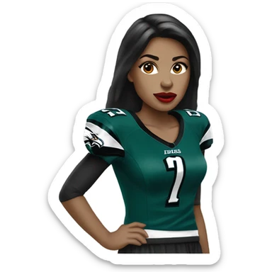 White female long dark hair red lips wearing Philadelphia Eagles jersey sticker