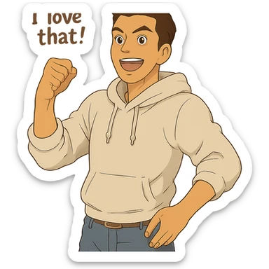 1 male, mid fade haircut dark chestnut brown hair, lighter tan skin, white athletic hoodie sleeves up, faded fashion jeans, red fashion-sneakers shoes, pose from my hero academia:  A portrait showing him saying : "I love that!" sticker