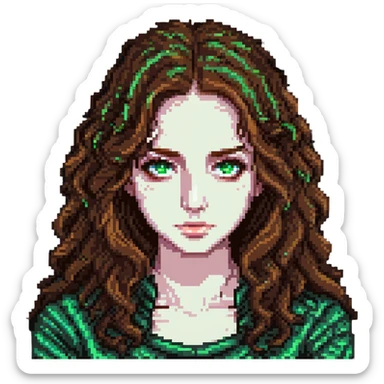 sad woman with brown wavy hair and green eyes sticker