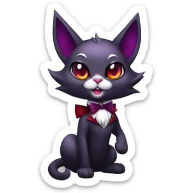 Anthro-Cute-Edgy-Vampiric-Batty-Cat-Black-Purple-Red-Grey-White-Yellow-Contrast-Colors-Fantasy-Fur-Sona-Chibi-Shiny-Fakémon-Hybrid with horns and big fangs collar bow ties leg spats full body sticker