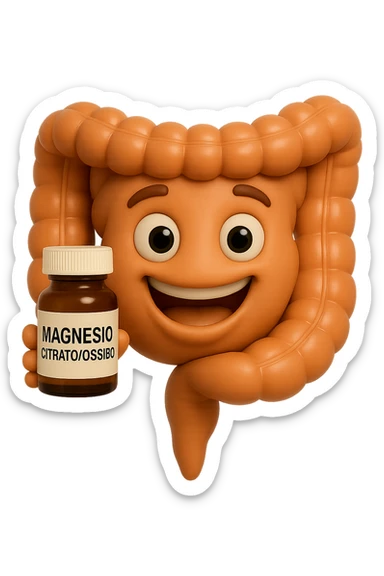 emoji stile iphone 3d di intestino umano felice che tiene in mano una boccetta di magnesio con la scritta "MAGNESIO CITRATO/OSSIDO" SULL'ETICHETTA , iperrealistico 4k sticker