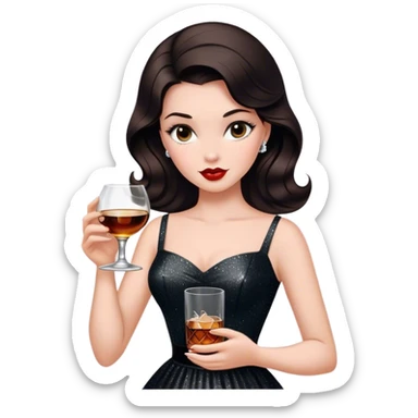 Beautiful woman in 1950’s woman fashion look, black shimmery dress, long dark brown hair, whisky with ice sticker