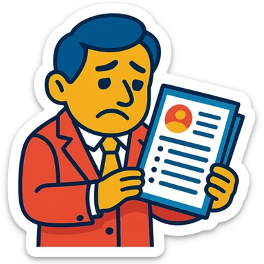A recruiter holding a resume, looking down at the paper with a sad or disappointed expression, in vibrant toon style, no background. sticker