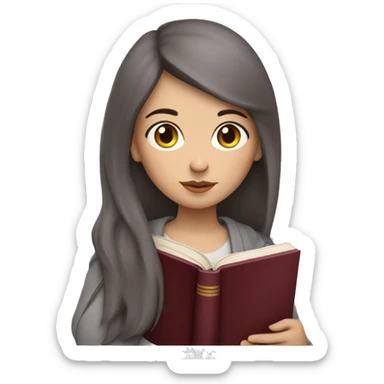 Slavic girl with burgundy medium hair with a book sticker