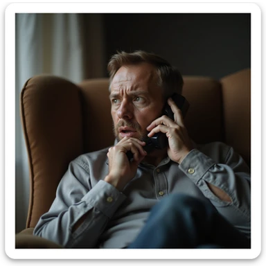 Man complaining on the phone to his mother, whiny voice, eyes looking up for sympathy, sitting in an armchair, hyperrealistic 4K details sticker