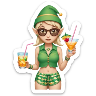 elf female legolas portrait, patterned board shorts (geometric/abstract), unique wooden-framed sunglasses, undercut hairstyle, slight smirk, visible pointy ears, no background, centered emoji, hipster summer vibe coctails with hat sticker