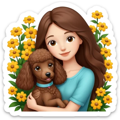 A beautiful girl with long straight hair happily hugs a brown poodle in the flowers sticker