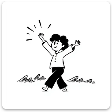 Whimsical character dancing with arms up on beach, sunshine highlighting their silhouette, playful tralalala mood, ocean waves sticker