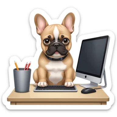 Fawn Frenchie with black muzzle working behind computer sticker