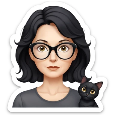 white woman about 50 years old with light warm skin, wavy black hair to the neck, neutral determined expression, large black shiny butterfly or cat-eye glasses, white casual t-shirt, calm and creative energy sticker