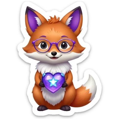 A small magical fox with shimmering purple and blue fur, a glowing fluffy tail, a silver star on its forehead, and round glasses, holding a tiny magical lantern, hugging a big red heart and smiling warmly. 🦊❤️ sticker