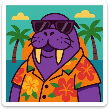 purple walrus in sunglasses and a Hawaiian shirt, cartoon style sticker