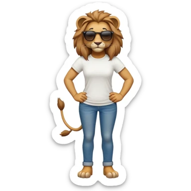 friendly anthropomorphised female lion character, full body, standing confidently with legs shoulder width apart and arms folded, wearing jeans, a white t-shirt, and dark sunglasses, with a confident smile sticker