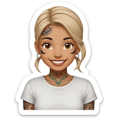 girl with face tattoos, smiling, wearing a shirt sticker