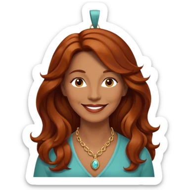 woman in her 50s, long wavy auburn hair, wearing a pendant necklace, warm smile sticker