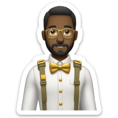 black soldier with beard, part in hair, white collared shirt, bow tie, gold glasses, bulletproof vest  sticker