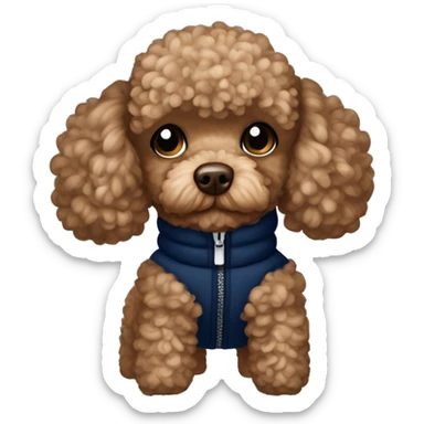 Brown toy poodle wearing a navy blue puffer jacket with white hearts pattern  sticker