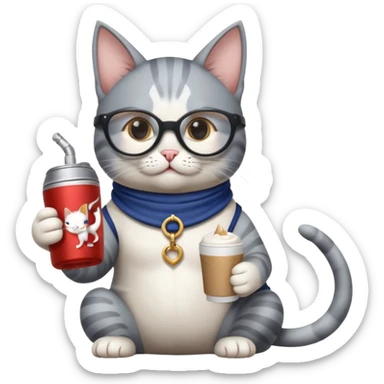6 cats: viking cat, crusade templary knight cat, fairy cat with a sugar cube, cat drinking a redbull can while holding a gym halter, a cat wearing rounded glasses and drinking coffee, and a cat that is mysterious and enigmatic sticker