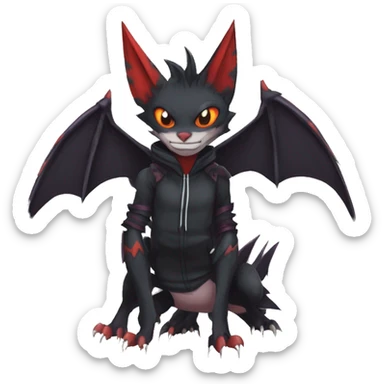 Dark Black Anthro Cool Horned Bat-Winged Nargacuga-Noivern-Zangoose-Litten-Feline-Pokémon with edgy stripes Punk Hoodie sticker