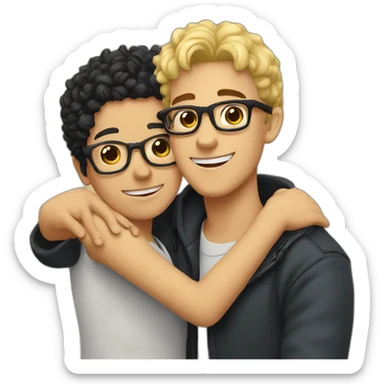 boy with curly blonde hair and glasses hugging girl with black hair and glasses sticker