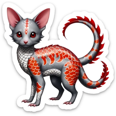 Edgy badass swimmy wet painted intricate ornate Japanese Asian koi-Minccino-Lykoi-Emolga-Sphynx-Linoone-Zangoose-fusion-hybrid-animal-Fakémon-creature, full body, thin long sleek scaly tail, intricate markings sticker