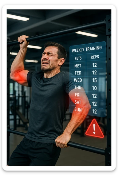 a man in gym attire performs pull-ups on a bar, with his elbows highlighted in bright red to indicate inflammation. A digital overlay shows a weekly training log with high numbers of sets and reps, and a warning icon appears next to the log. The man’s face shows pain and fatigue. The background is a modern gym, emphasizing the link between excessive training volume and injury. scritto in italiano sticker